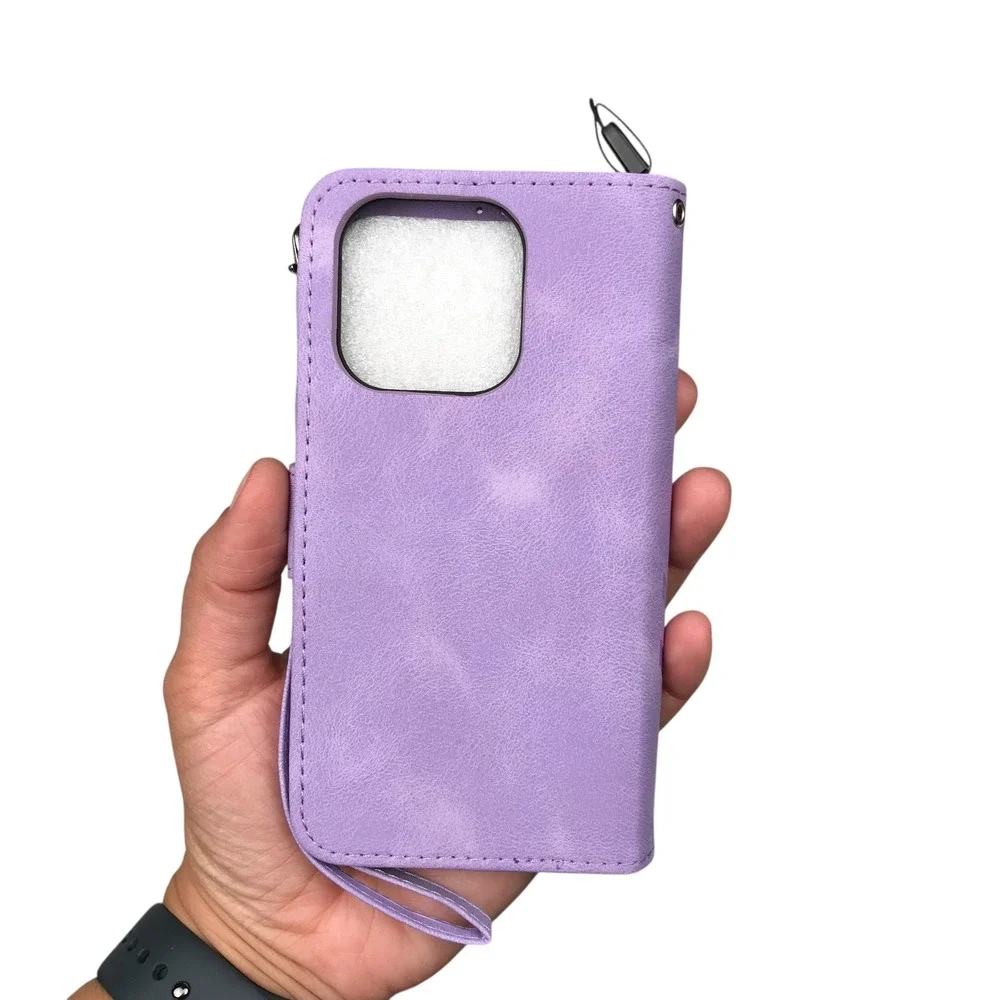 iPhone 15 Pro Purple Flower Oil Panting Wallet Phone Case Floral Protective Case